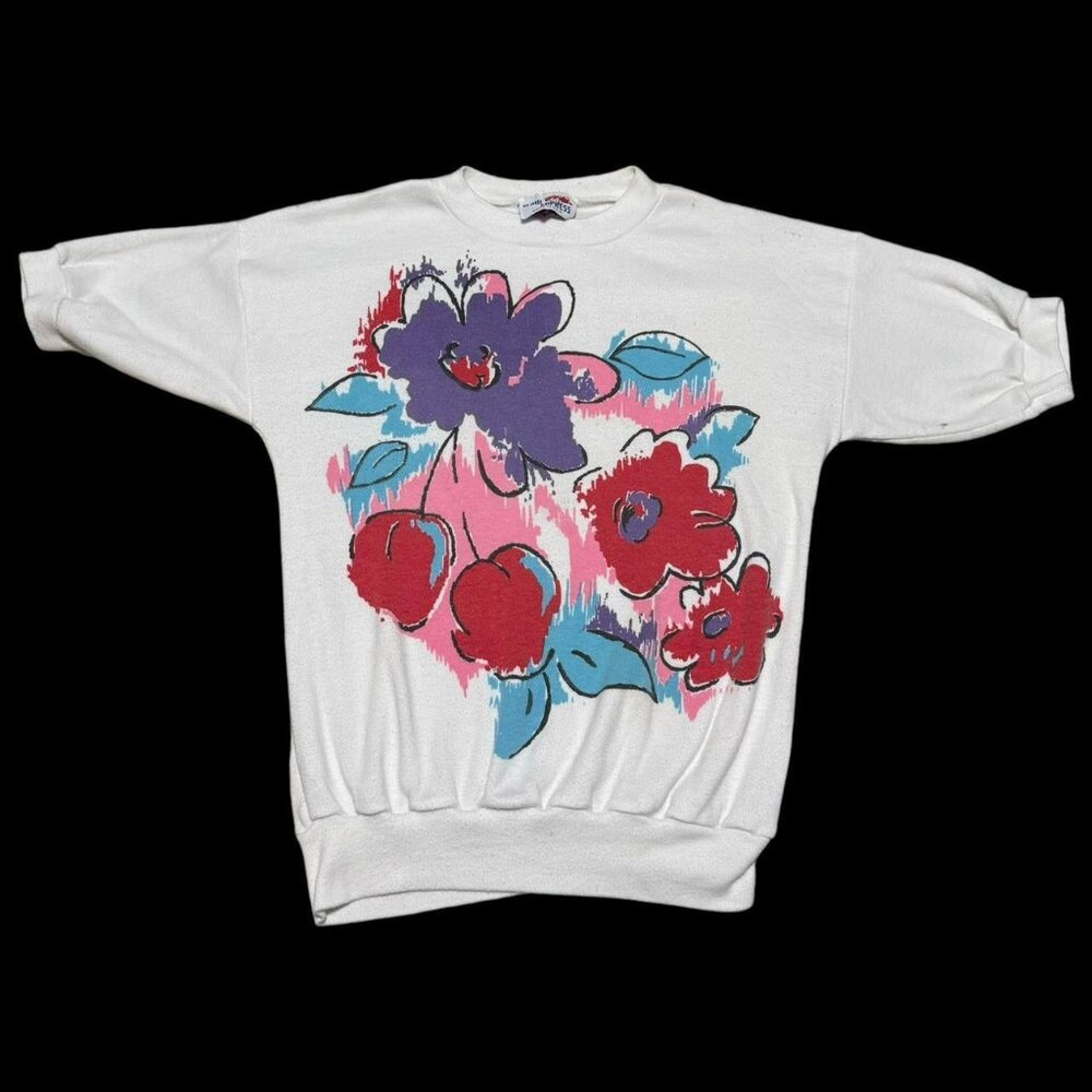 Vintage 90s Slow Express Flowers Art‎ Short Sleeve Sweatshirt Women's Small
